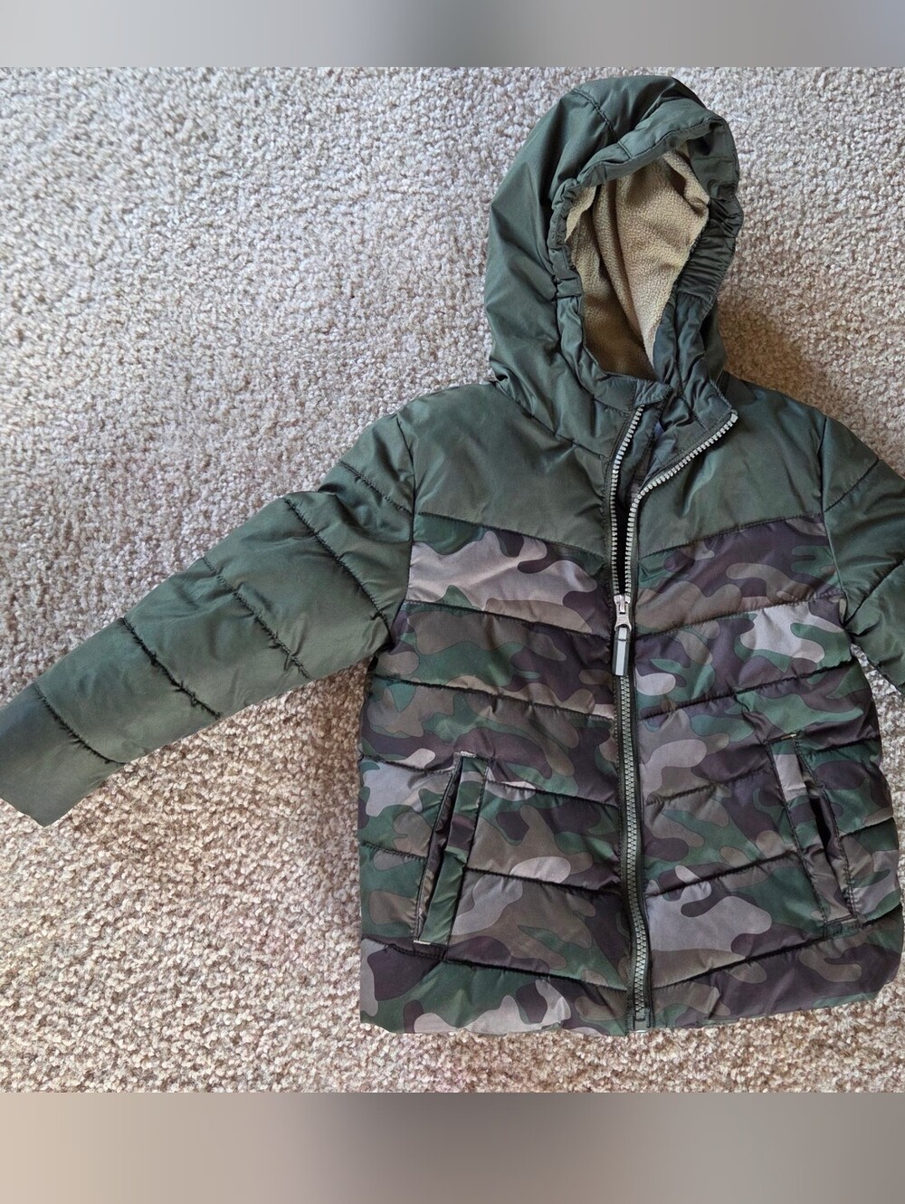 Camo Puffer Hooded Jacket in Olive & Camouflage - 3T Winter Coat